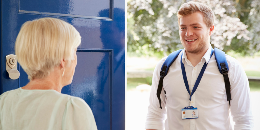 A woman opens her door to a smiling man with a name badge and backpack standing outside.