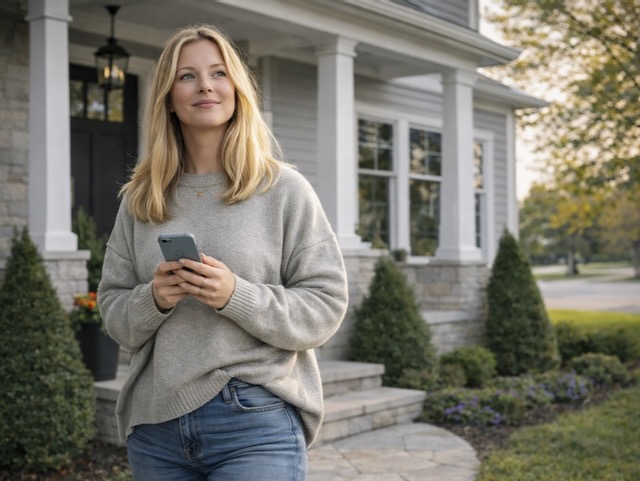 Woman with blonde hair holding a smartphone, standing outside a house with a porch and greenery.