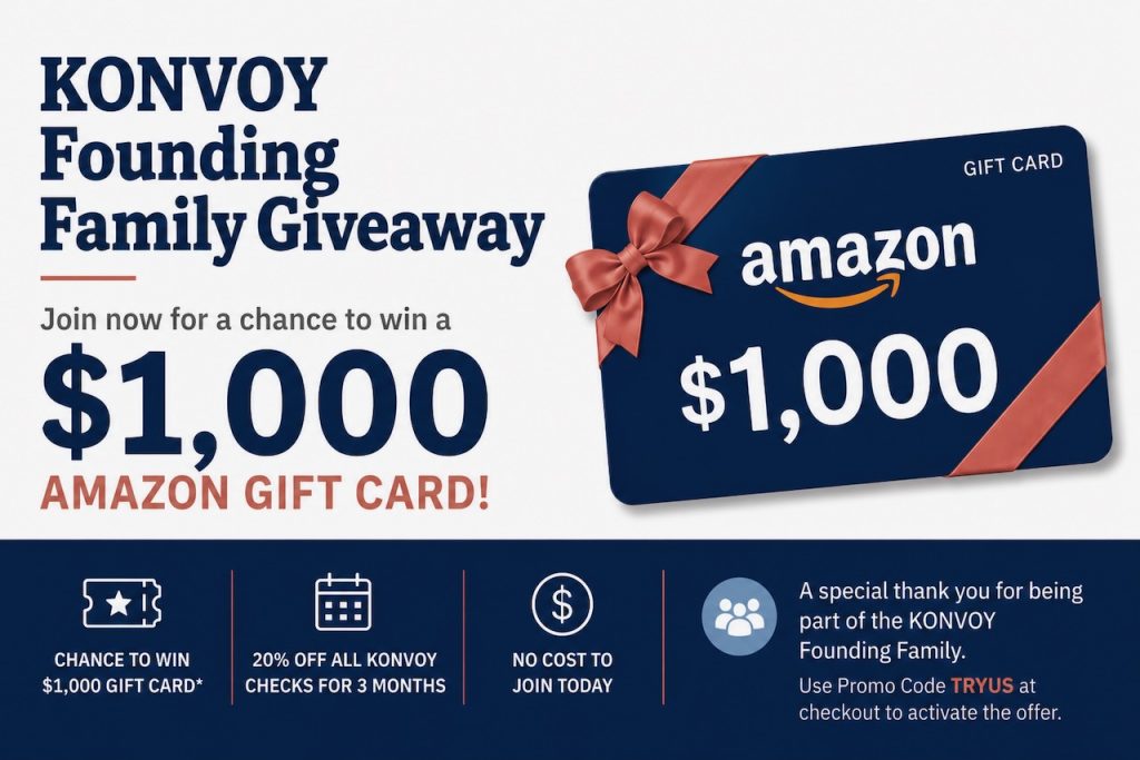 Amazon $1,000 gift card giveaway promotion with bonus offers and promo code for KONVOY Founding Family members.