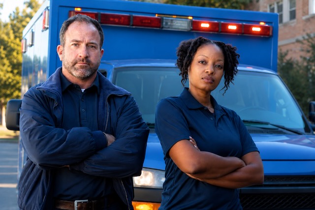 Two serious EMTs stand with arms crossed in front of a blue ambulance outdoors.