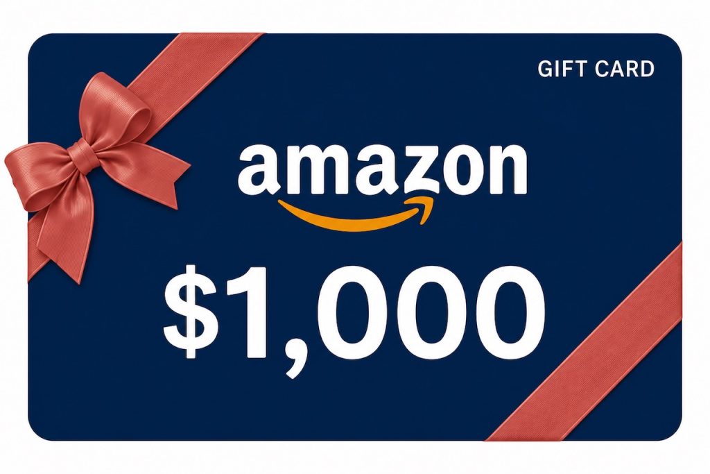 Amazon $1,000 gift card with red ribbon on a dark blue background.