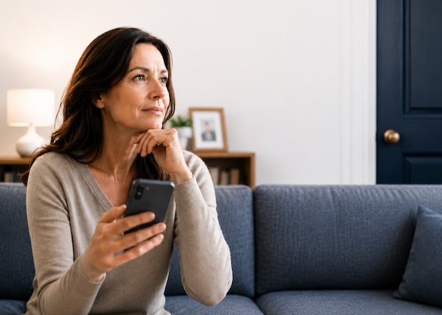 Woman sitting on a couch holding a smartphone, looking thoughtfully into the distance in a living room.