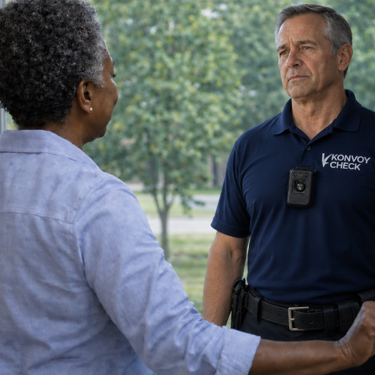 Older woman talks to a security officer in a navy "KONVOY CHECK" shirt in a park setting.