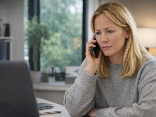 Woman in a grey sweater looks concerned while talking on the phone and looking at a laptop.